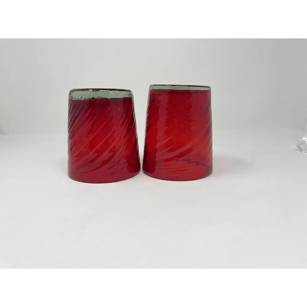 Handblown VALENCIA Garnet Ruby Red Optic Twist Tumbler Glasses 3.75” Set Of 2